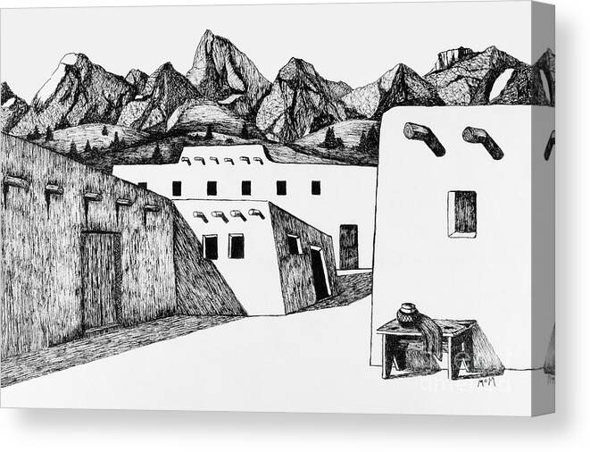 Navajo Pueblo Canvas Print featuring the drawing Arizonia Pueblo by Garry McMichael