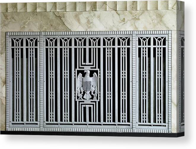 Us Symbol Canvas Print featuring the photograph Art Deco Bald Eagle, Post Office at Albany, NY 1932. Grill Detail by Ikonographia - Carol Highsmith