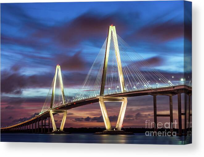 Charleston Canvas Print featuring the photograph Arthur Ravenel Bridge At Night by Jennifer White