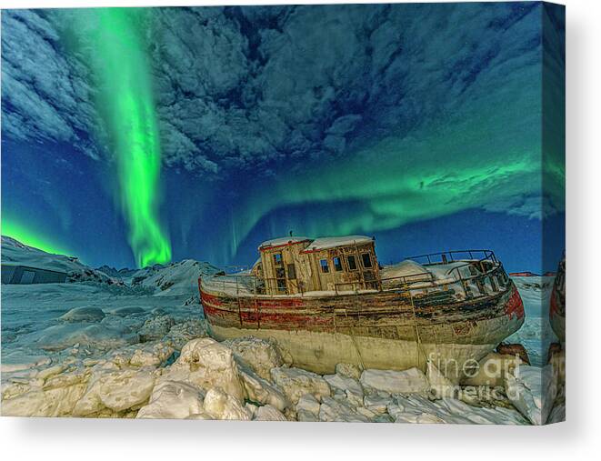 00648338 Canvas Print featuring the photograph Aurora Borealis and Boat by Shane P White