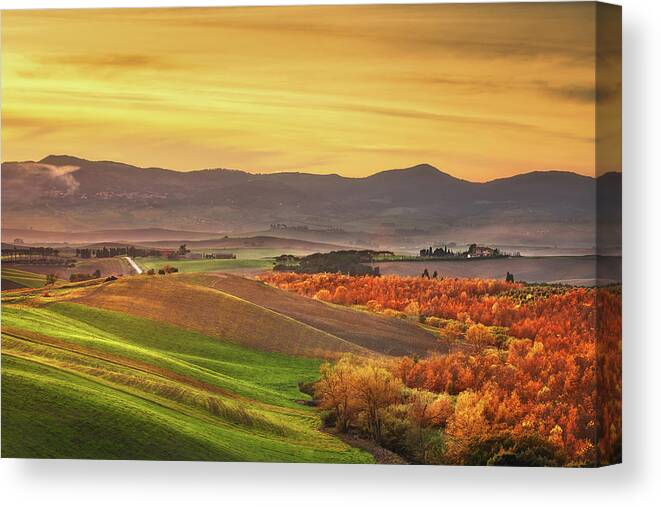 Autumn Canvas Print featuring the photograph Autumn in Tuscany, rolling hills and woods. Santa Luce by Stefano Orazzini