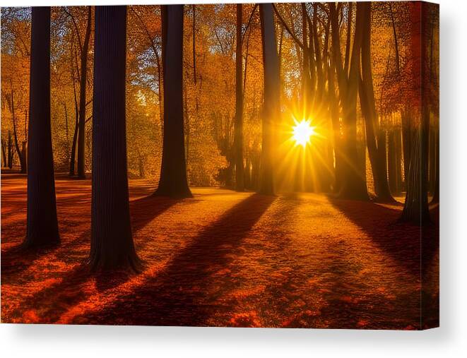 Sunset Canvas Print featuring the digital art Autumn Woods Sunset by Katrina Gunn