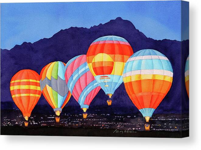 Balloons Canvas Print featuring the painting Balloons over Palm Springs at Night by Mary Helmreich