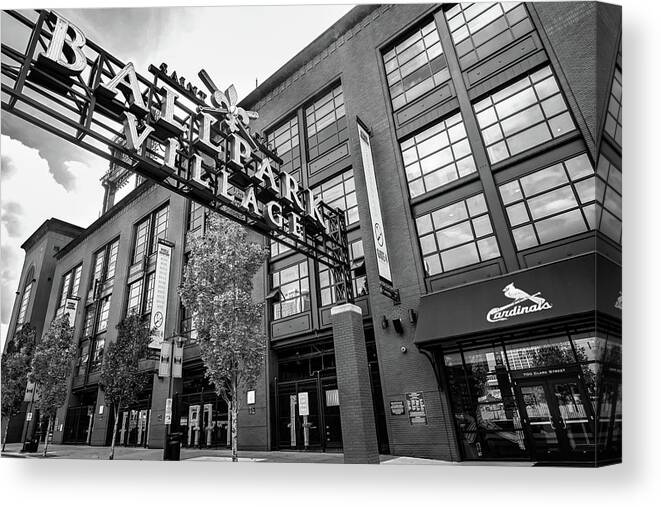 Black And White Canvas Print featuring the photograph Ballpark Village At Saint Louis Baseball Stadium - Black and White by Gregory Ballos