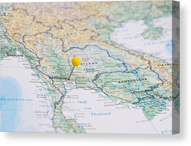 Southeast Asia Canvas Print featuring the photograph Bangkok, Thailand, Yellow Pin, Close-Up of Map. by Nodramallama