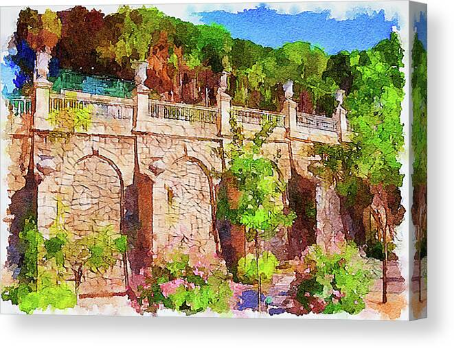 Barcelona Gardens Canvas Print featuring the mixed media Barcelona gardens at springtime by Tatiana Travelways