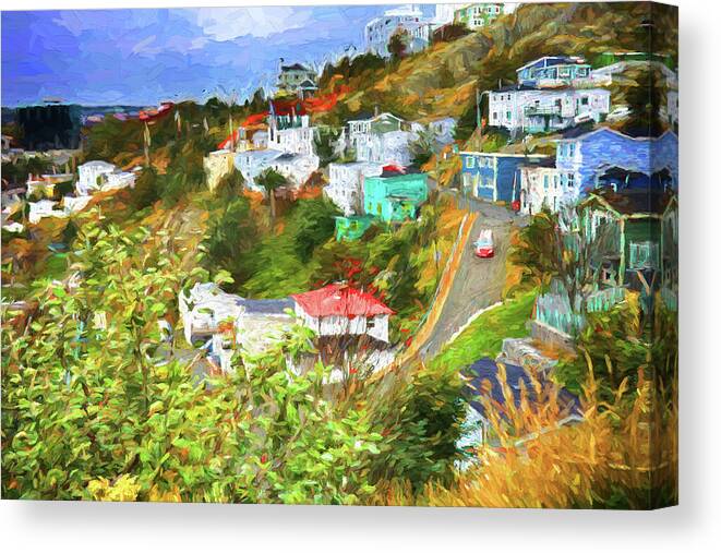 St.johns Canvas Print featuring the photograph Battery Hill - St.Johns, Newfoundland - Painting by Tatiana Travelways