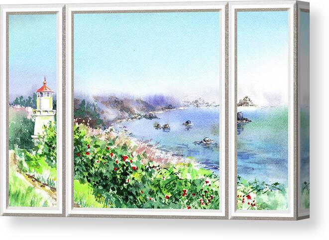 Window View Canvas Print featuring the painting Beach House Window View To Lighthouse by Irina Sztukowski