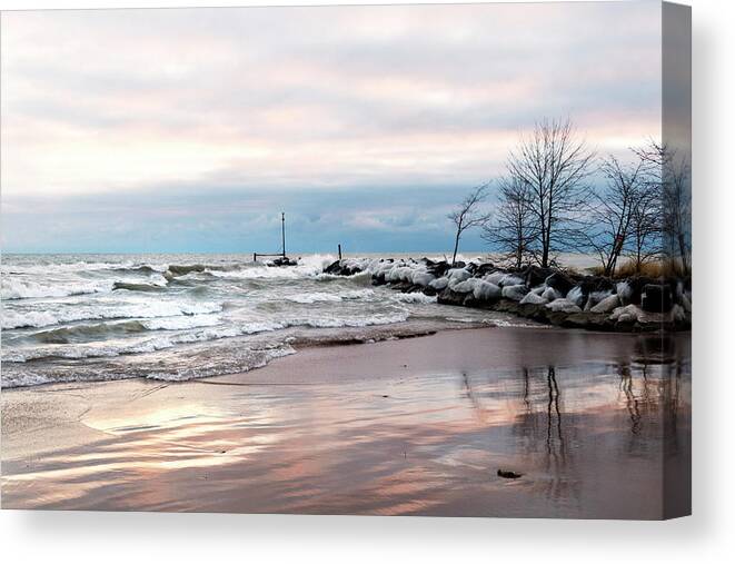 Beach In Winter Canvas Print featuring the photograph Beach in Winter by Patty Colabuono