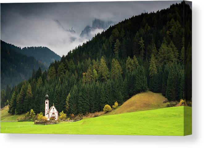 Dolomite Mountains Canvas Print featuring the photograph Beautiful small Alpine church in Italy. by Michalakis Ppalis