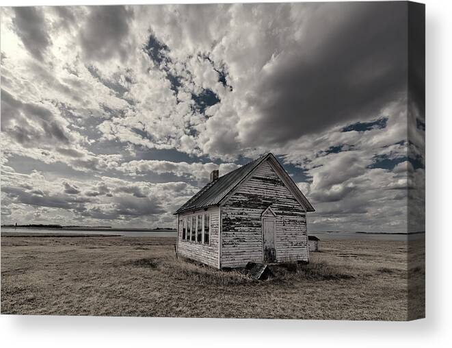 Schoolhouse Canvas Print featuring the photograph Beaver Lake Township School - rural ND one room country schoolhouse on shore of Mud Lake by Peter Herman