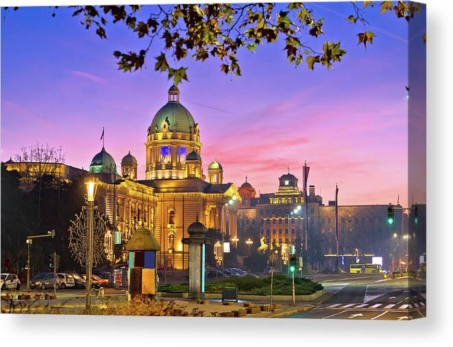 Belgrade Canvas Print featuring the photograph Belgrade. Dawn street view of famous landmarks in Belgrade by Brch Photography