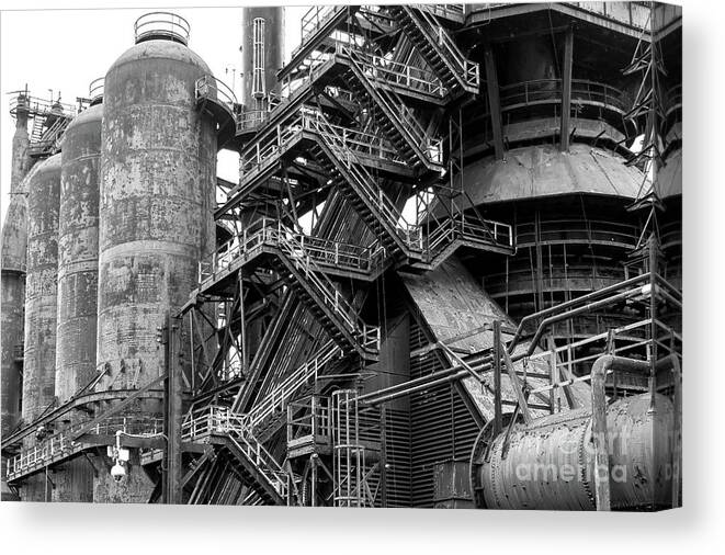Bethlehem Canvas Print featuring the photograph Bethlehem Steel - Stairs and Blast Furnace - Black and White by Sturgeon Photography