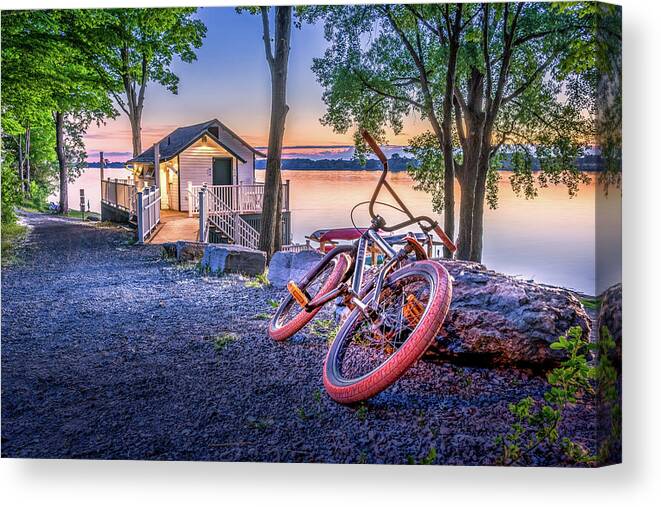 Lake Canvas Print featuring the photograph Bicycle at the Boathouse by Dee Potter