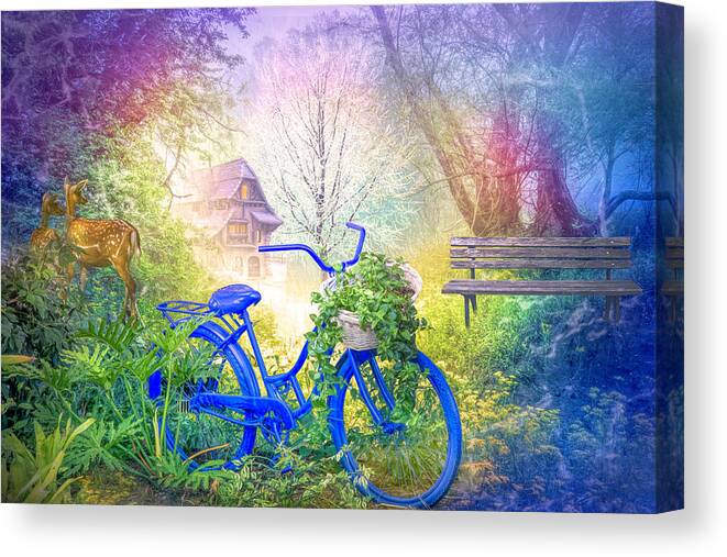 Barn Canvas Print featuring the photograph Bicycle in the Mist by Debra and Dave Vanderlaan