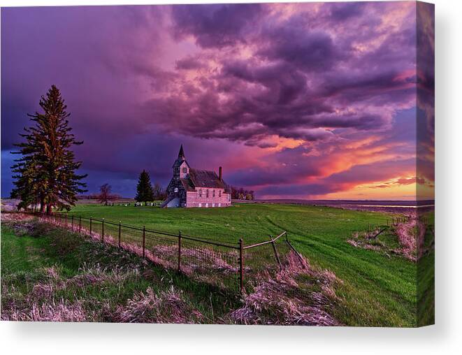 Big Coulee Lutheran Canvas Print featuring the photograph Sunset at the Big Coulee Lutheran Church - Ramsey county North Dakota by Peter Herman