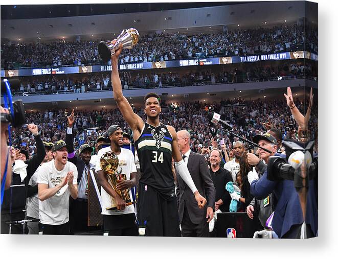 Giannis Antetokounmpo Canvas Print featuring the photograph Bill Russell and Giannis Antetokounmpo by Jesse D. Garrabrant