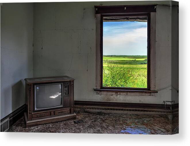Solberg Canvas Print featuring the photograph Black and White TV, Color Window - view of ND prairie from within living room of abandoned farm home by Peter Herman