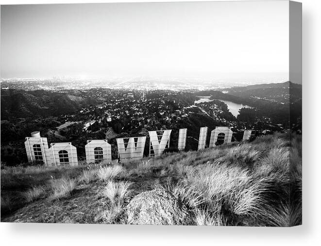 Los Angeles Canvas Print featuring the photograph Black California Series - Hollywood Sign by Night by Philippe HUGONNARD