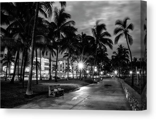 Florida Canvas Print featuring the photograph Black Florida Series - Miami Beach by night by Philippe HUGONNARD