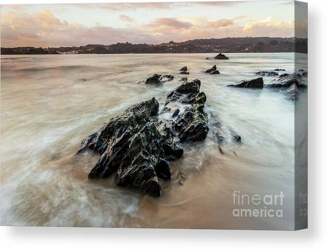 Colorful Canvas Print featuring the photograph Black Rpcks at Centrona Cove Long Exposure at Ares Estuary Pontedeume Galicia by Pablo Avanzini