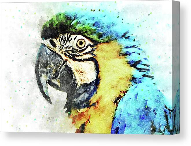 Bird Canvas Print featuring the mixed media Blue and Yellow Macaw Watercolor Parrot-Bird Painting by Shelli Fitzpatrick