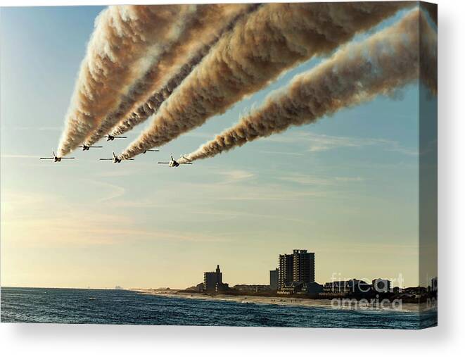 Blue Angels Canvas Print featuring the photograph Blue Angels over Pensacola Beach, Florida Pier by Beachtown Views