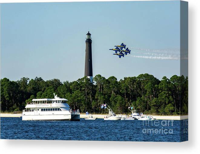 Blue Angels Canvas Print featuring the photograph Blue Angels over Pensacola Lighthouse and Ferry by Beachtown Views
