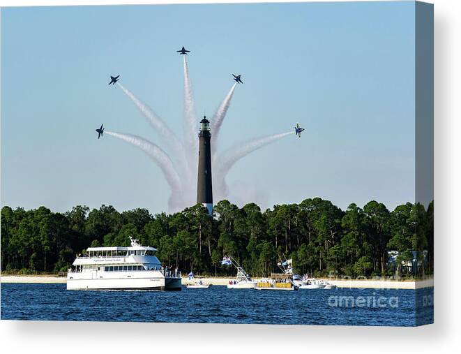 Blue Angels Canvas Print featuring the photograph Blue Angels over Pensacola Lighthouse by Beachtown Views