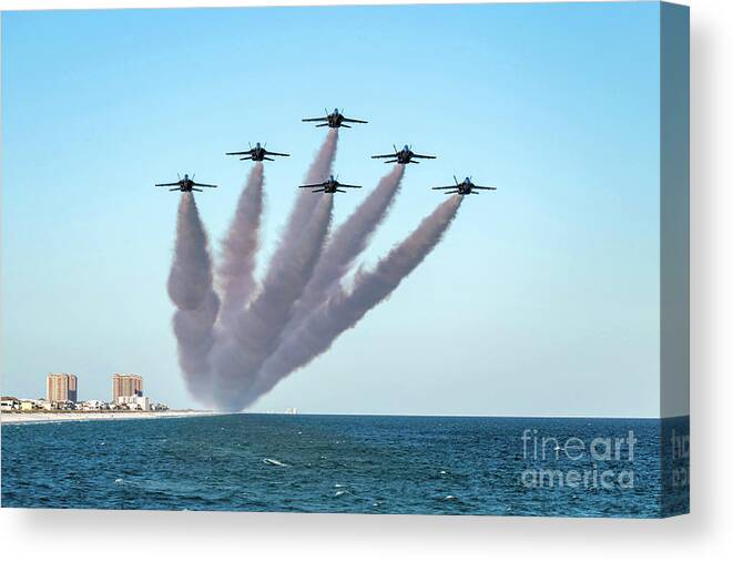 Blue Canvas Print featuring the photograph Blue Angels Pensacola Beach Fishing Pier Flyover by Beachtown Views