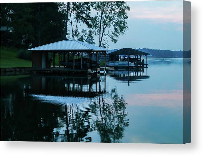 Morning Canvas Print featuring the photograph Blue Boathouses by Ed Williams