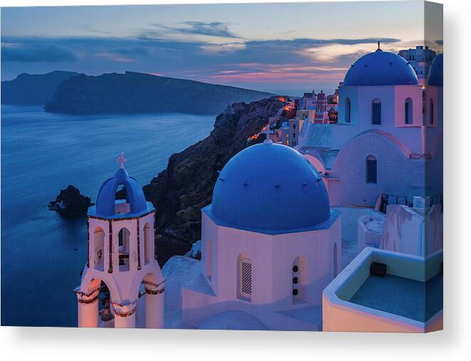 Aegean Sea Canvas Print featuring the photograph Blue Domes Of Santorini by Evgeni Dinev