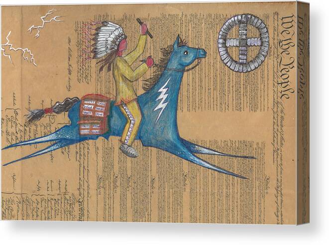 Ledger Art Canvas Print featuring the drawing Blue Pony on Constitution by Robert Running Fisher Upham