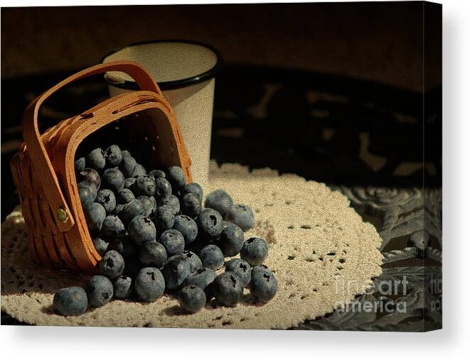 Blueberries Canvas Print featuring the photograph Blueberries in Basket - Old World Stills Series by Colleen Cornelius