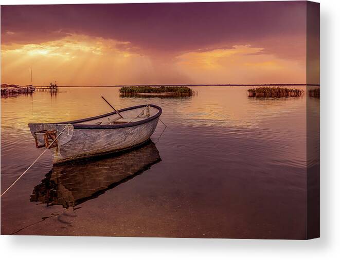 Sunset Canvas Print featuring the pyrography Boat by Anna Rumiantseva