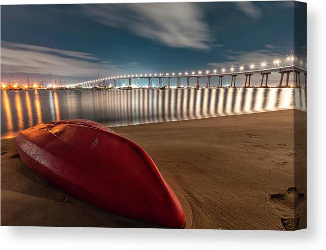  Canvas Print featuring the photograph Boat under bridge lights by Local Snaps Photography