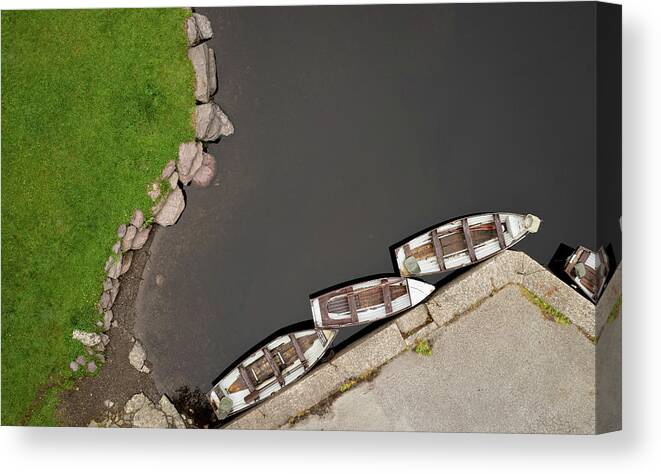 Minimal Canvas Print featuring the photograph Drone aerial of Boats on the river in a lake by Michalakis Ppalis