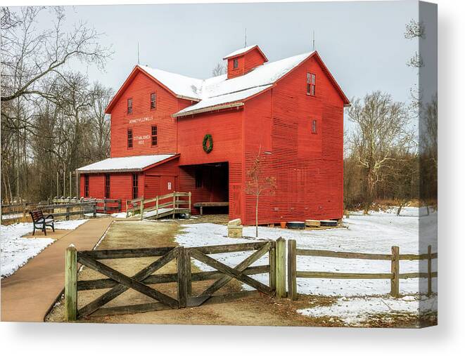 Bonneyville Mills Canvas Print featuring the photograph Bonneyville Mills in Winter by Susan Rissi Tregoning