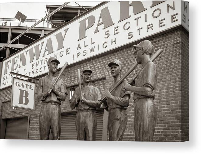 Fenway Park Canvas Print featuring the photograph Boston Fenway Park Teammates Statues In Classic Sepia by Gregory Ballos