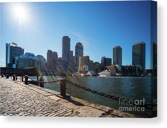 2014 Canvas Print featuring the photograph Boston Skyline Downtown City Buildings and Sun Photo by Paul Velgos