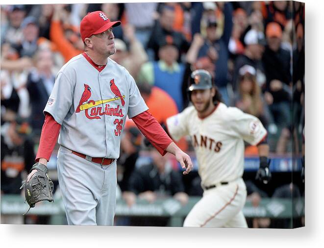St. Louis Cardinals Canvas Print featuring the photograph Brandon Crawford and Randy Choate by Harry How