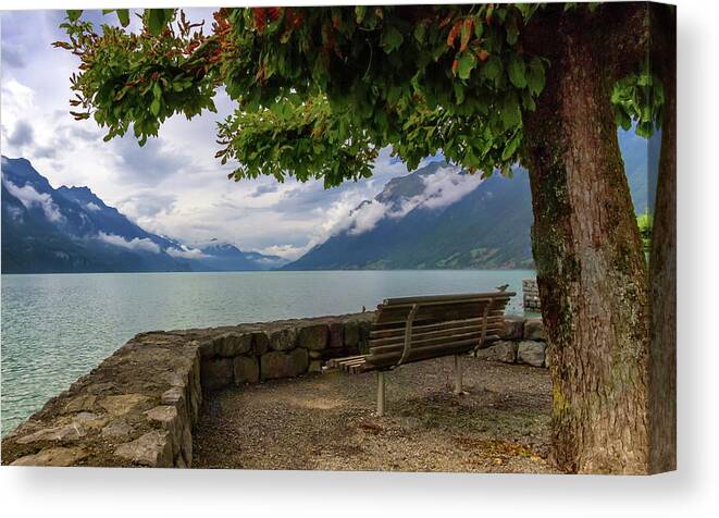 Mountain Canvas Print featuring the photograph Brienz lake and Alps mountains, Switzerland by Elenarts - Elena Duvernay photo