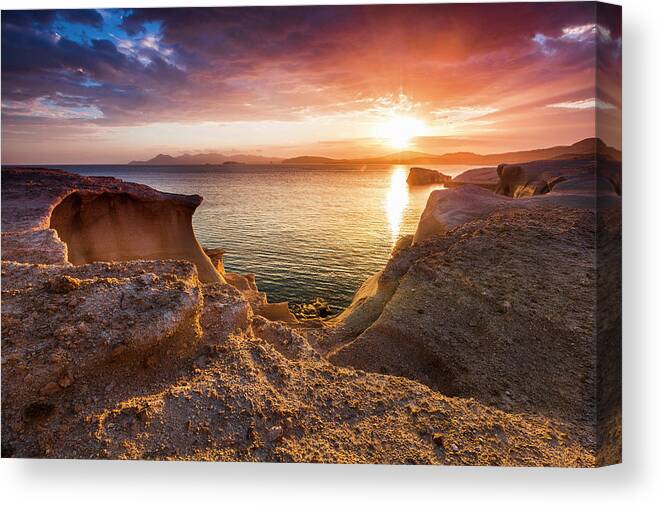 Aegean Sea Canvas Print featuring the photograph Bronze Sea Rocks by Evgeni Dinev