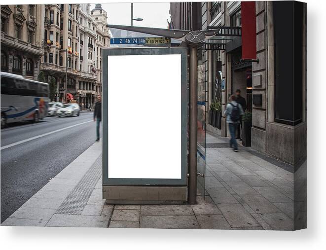 Empty Canvas Print featuring the photograph Bus stop with billboard by Photography taken by Mario Gutiérrez.