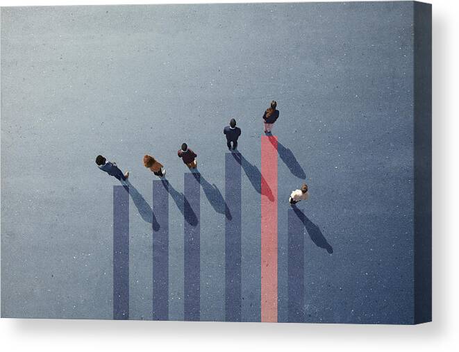 Young Men Canvas Print featuring the photograph Businesspeople standing on painted bar chart graph on asphalt by Klaus Vedfelt