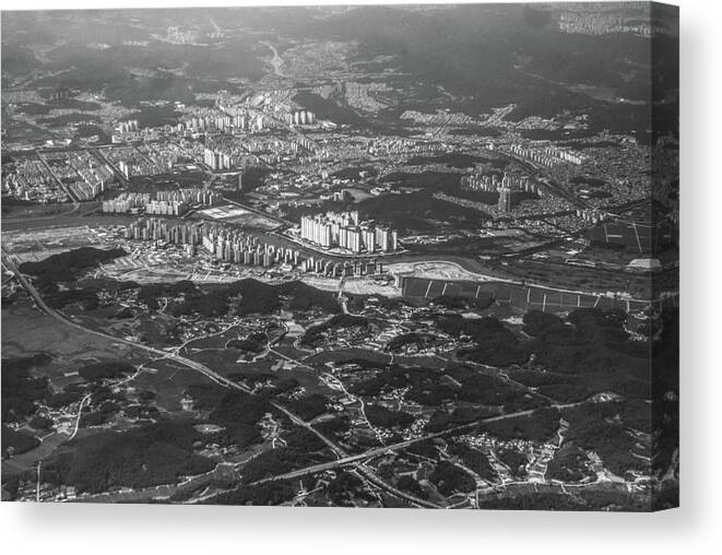 Seoul Canvas Print featuring the photograph BW - Flying into Seoul by Eric Hafner