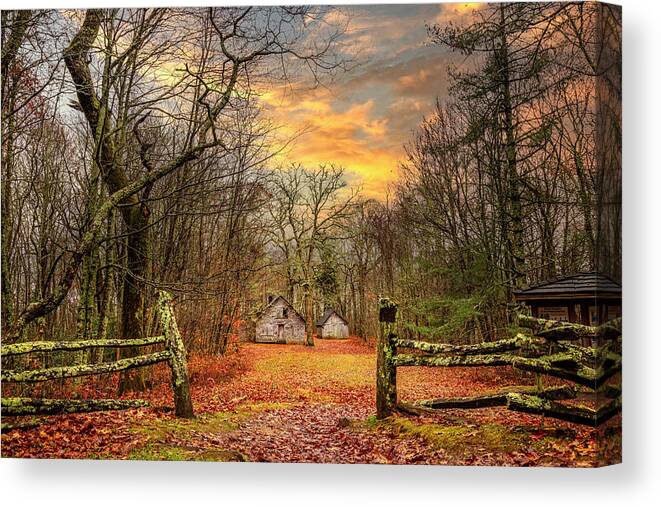 Andrews Canvas Print featuring the photograph Cabins on Wayah Bald at Wilson Lick Homestead by Debra and Dave Vanderlaan