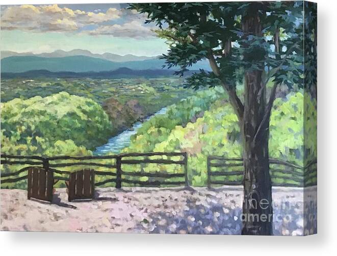 Mountain Canvas Print featuring the painting Campfire Lodgings River View by Anne Marie Brown