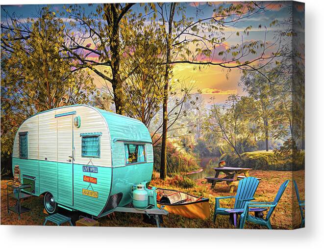 Camper Canvas Print featuring the digital art Camping at the Creek Autumn Painting by Debra and Dave Vanderlaan