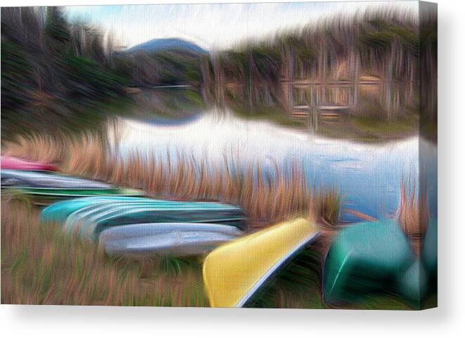 Colorful Canoes Photo Canvas Print featuring the mixed media Canoes at Mirror Lake NC Painterly by Bob Pardue